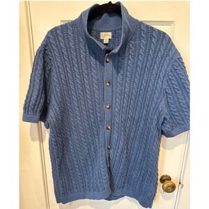 J Crew Mens Cable Knit Short Sleeve Polo Sweater Blue XL Collared Button Up